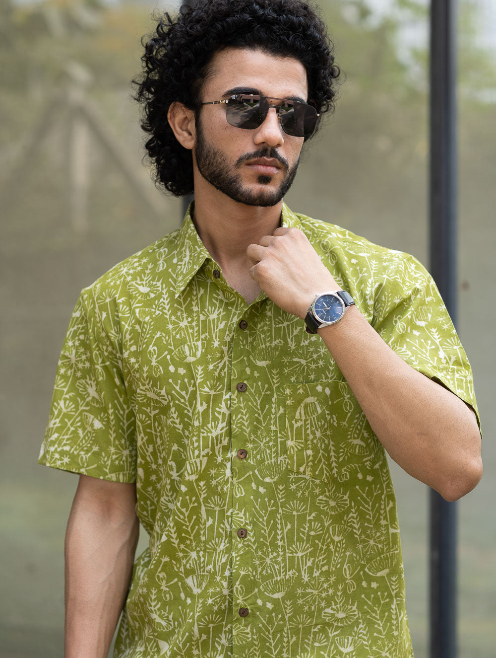 Dabu Hand Block Printed Cotton Shirt - Green Fields