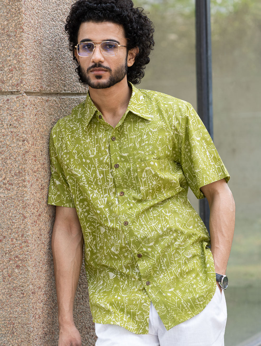Dabu Hand Block Printed Cotton Shirt - Green Fields