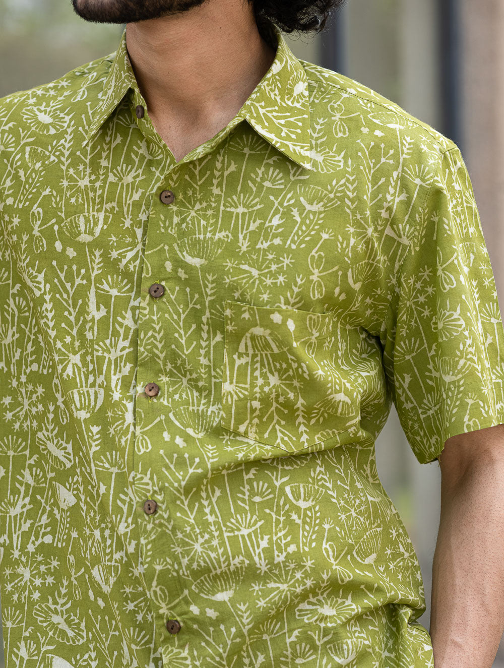 Dabu Hand Block Printed Cotton Shirt - Green Fields