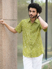 Dabu Hand Block Printed Cotton Shirt - Green Fields