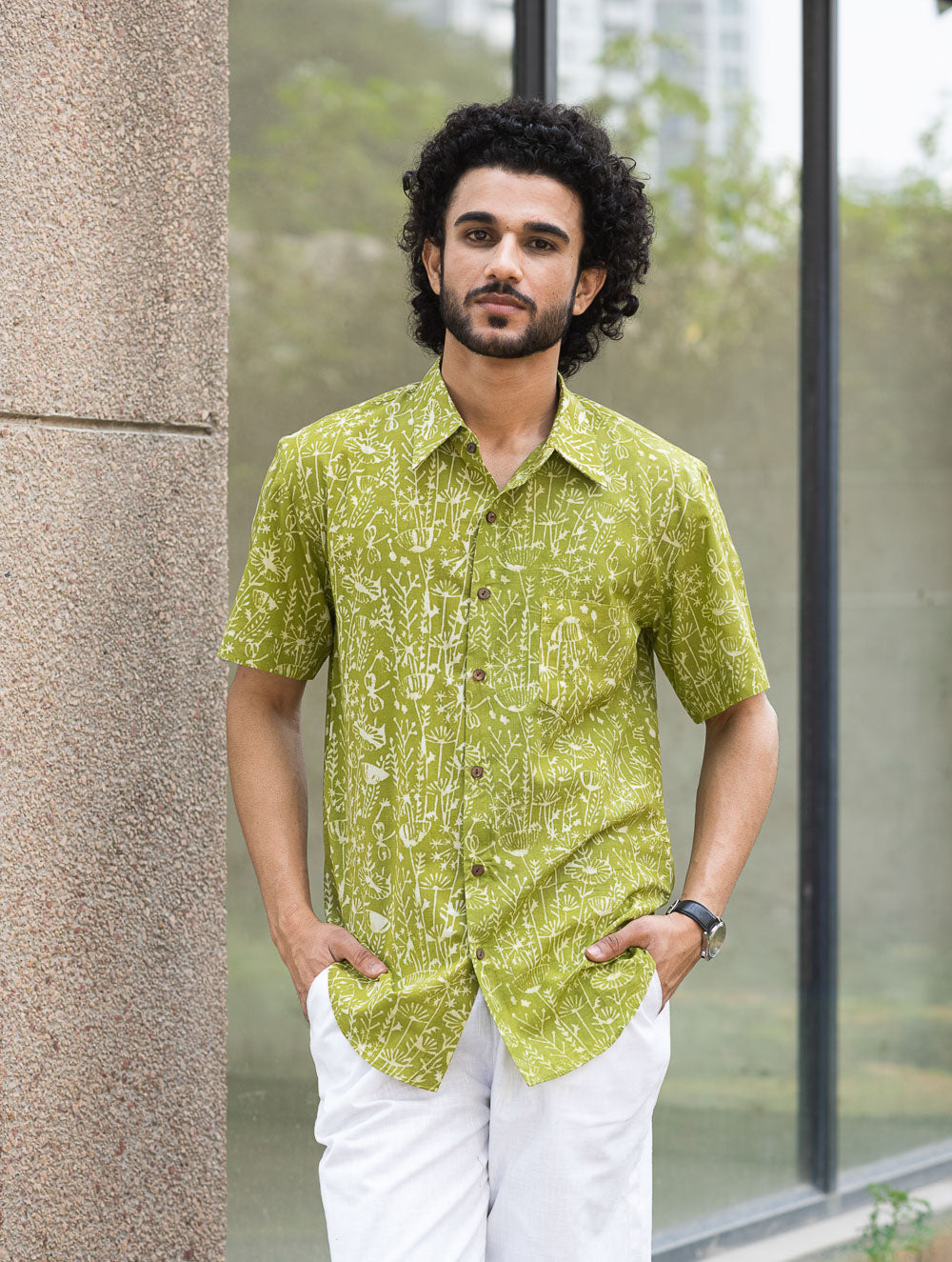 Dabu Hand Block Printed Cotton Shirt - Green Fields