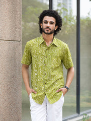 Dabu Hand Block Printed Cotton Shirt - Green Fields