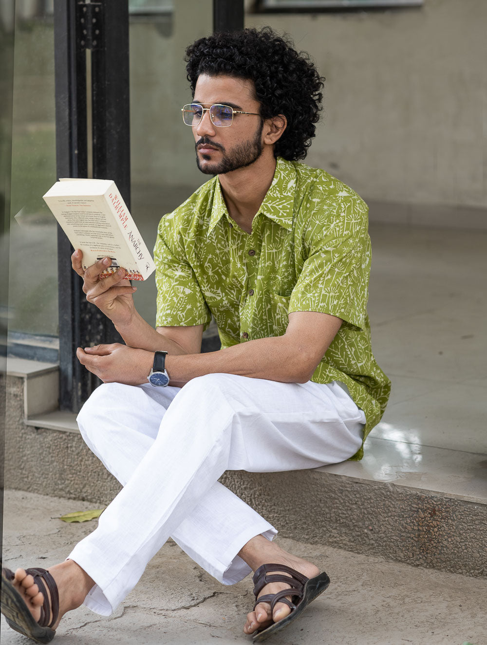 Dabu Hand Block Printed Cotton Shirt - Green Fields