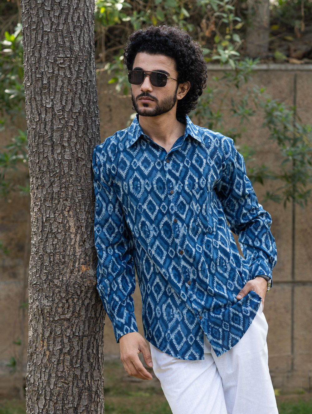 Dabu Hand Block Printed Cotton Shirt - Indigo Aztec