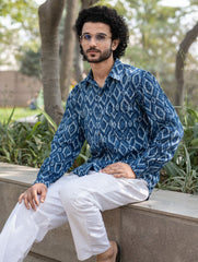Dabu Hand Block Printed Cotton Shirt - Indigo Aztec