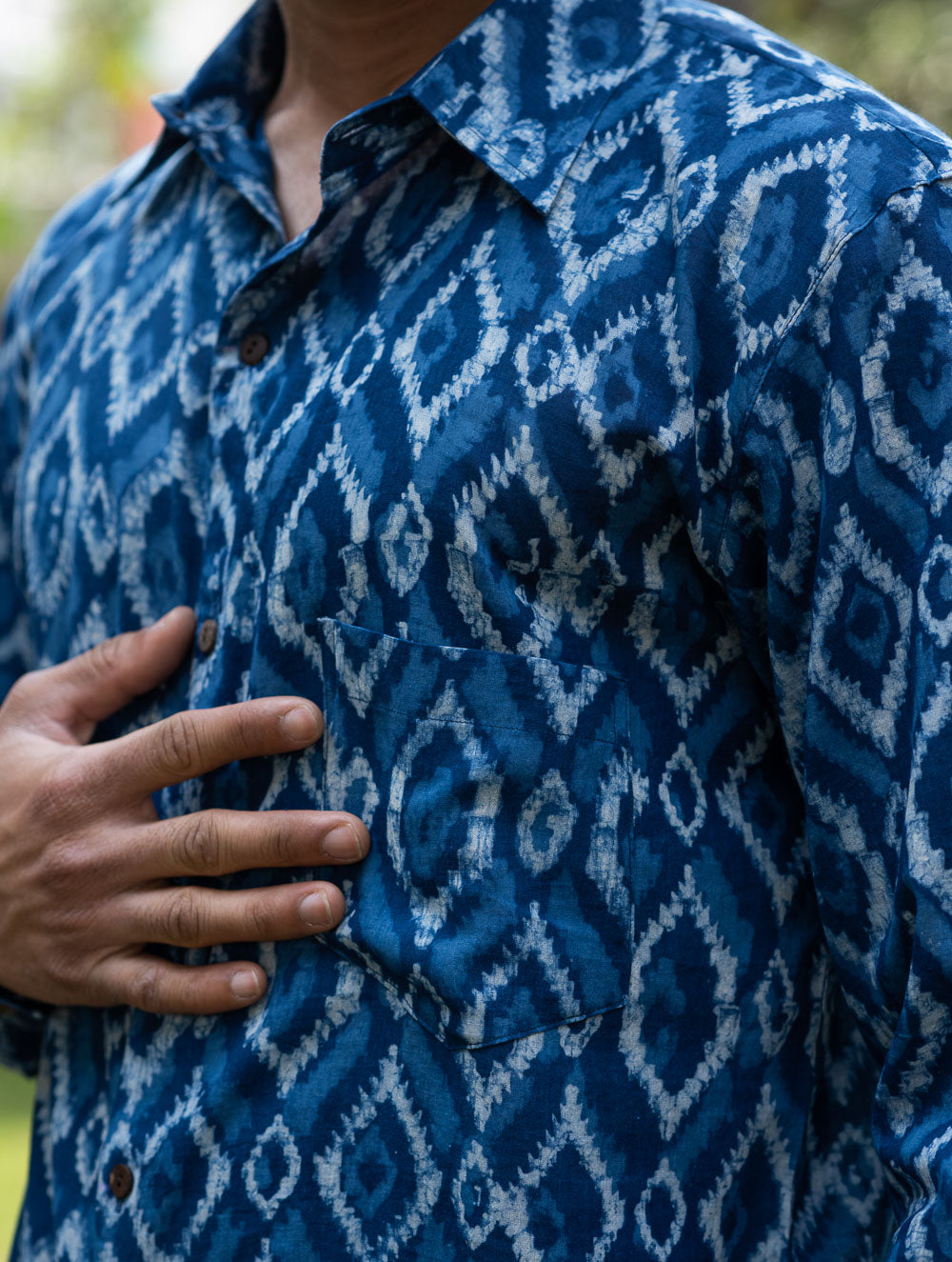 Dabu Hand Block Printed Cotton Shirt - Indigo Aztec