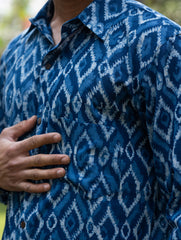Dabu Hand Block Printed Cotton Shirt - Indigo Aztec