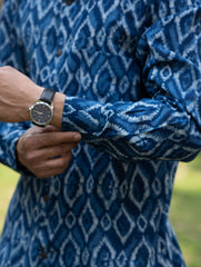 Dabu Hand Block Printed Cotton Shirt - Indigo Aztec
