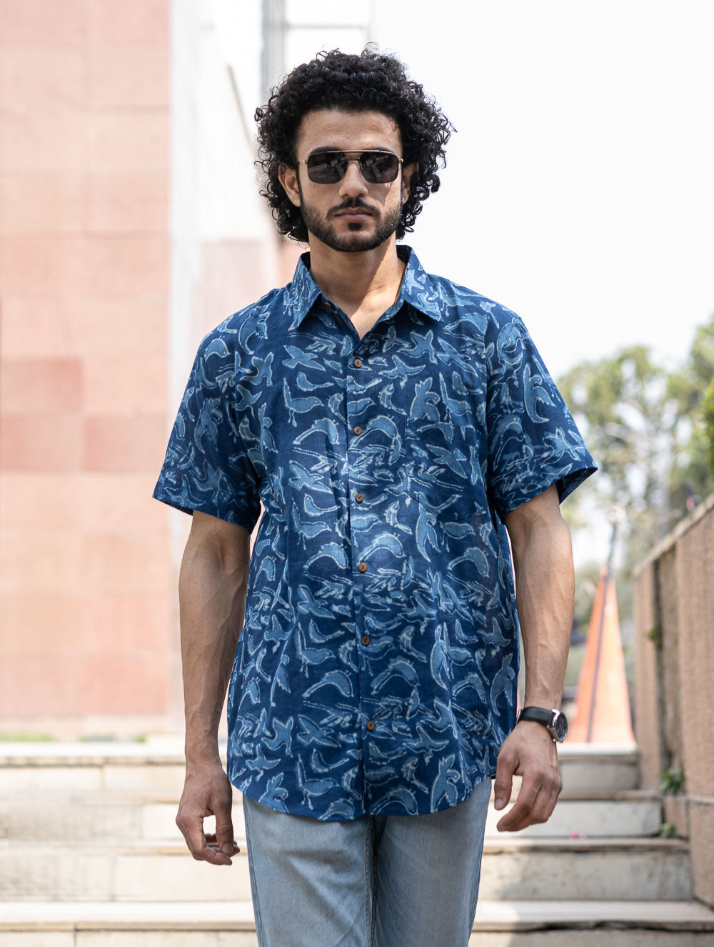 Dabu Hand Block Printed Cotton Shirt - Indigo Birds