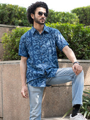 Dabu Hand Block Printed Cotton Shirt - Indigo Birds