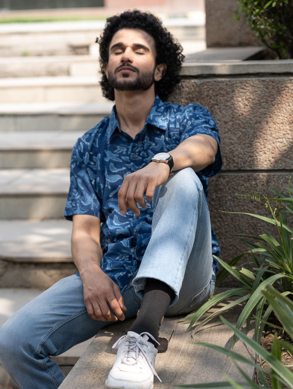 Dabu Hand Block Printed Cotton Shirt - Indigo Birds