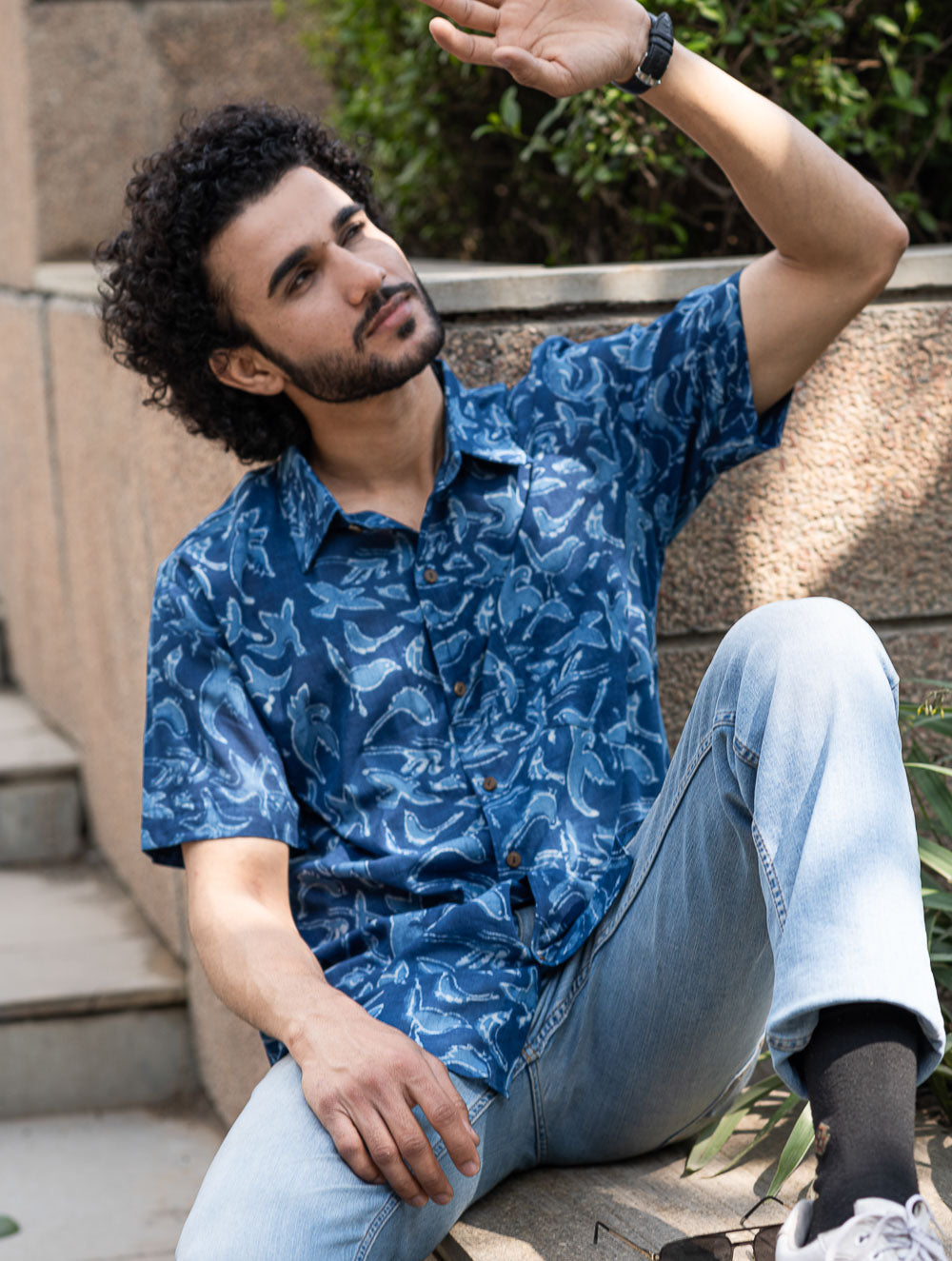 Dabu Hand Block Printed Cotton Shirt - Indigo Birds