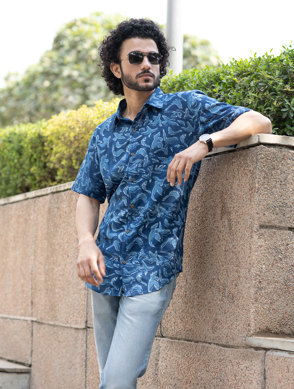 Dabu Hand Block Printed Cotton Shirt - Indigo Birds