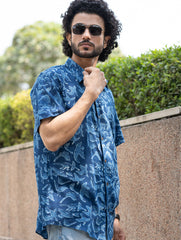 Dabu Hand Block Printed Cotton Shirt - Indigo Birds