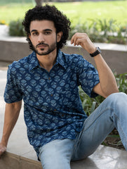 Dabu Hand Block Printed Cotton Shirt - Indigo Florets