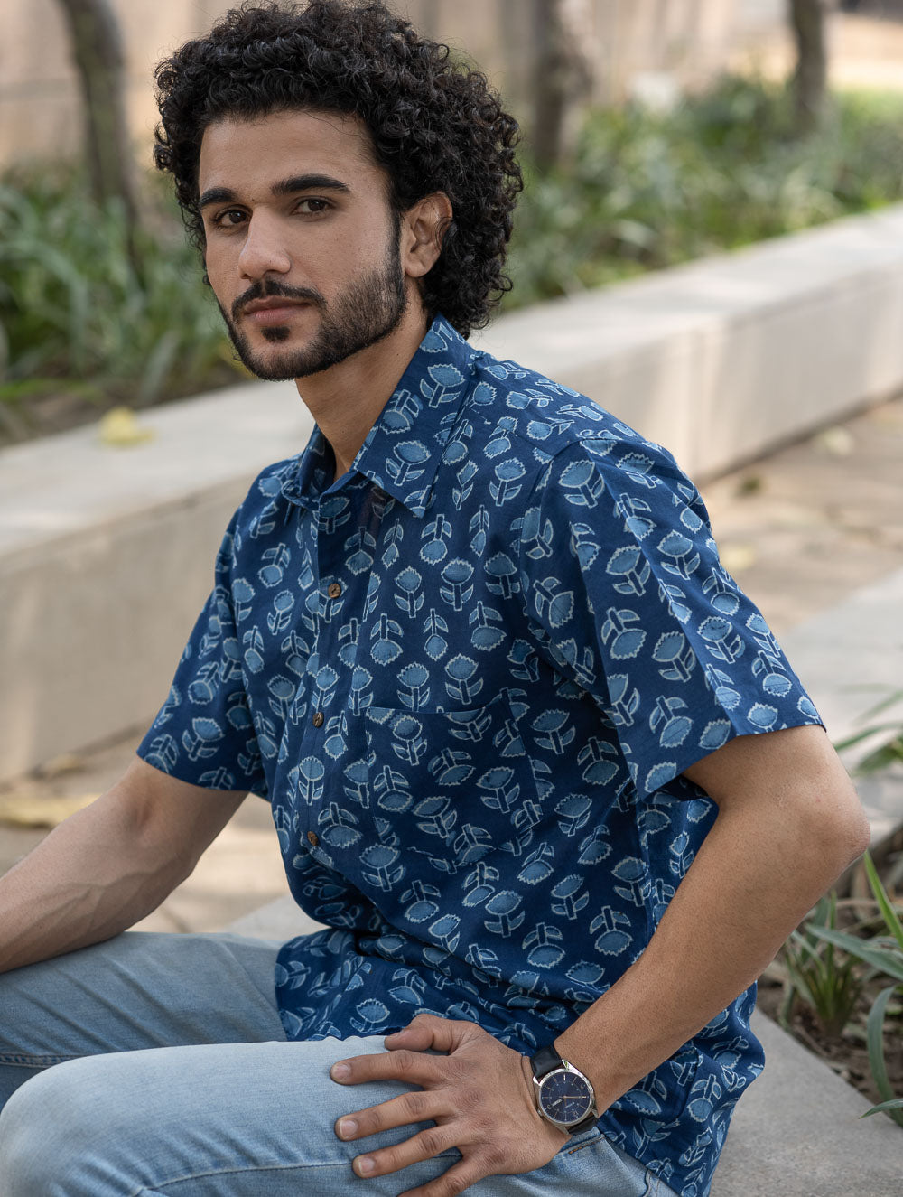 Dabu Hand Block Printed Cotton Shirt - Indigo Florets