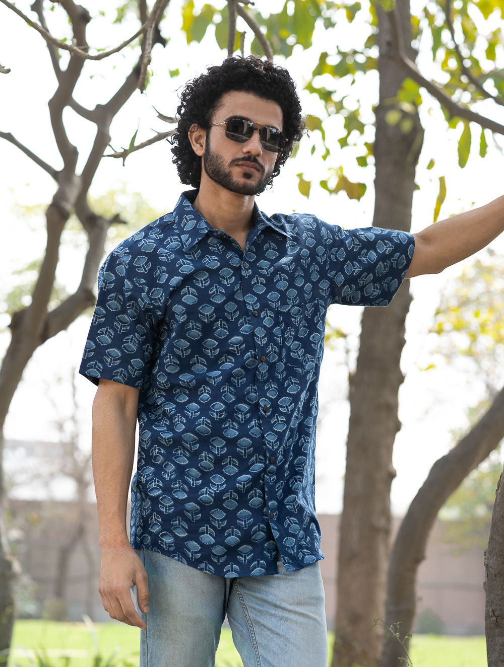 Dabu Hand Block Printed Cotton Shirt - Indigo Florets