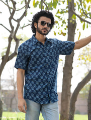Dabu Hand Block Printed Cotton Shirt - Indigo Florets
