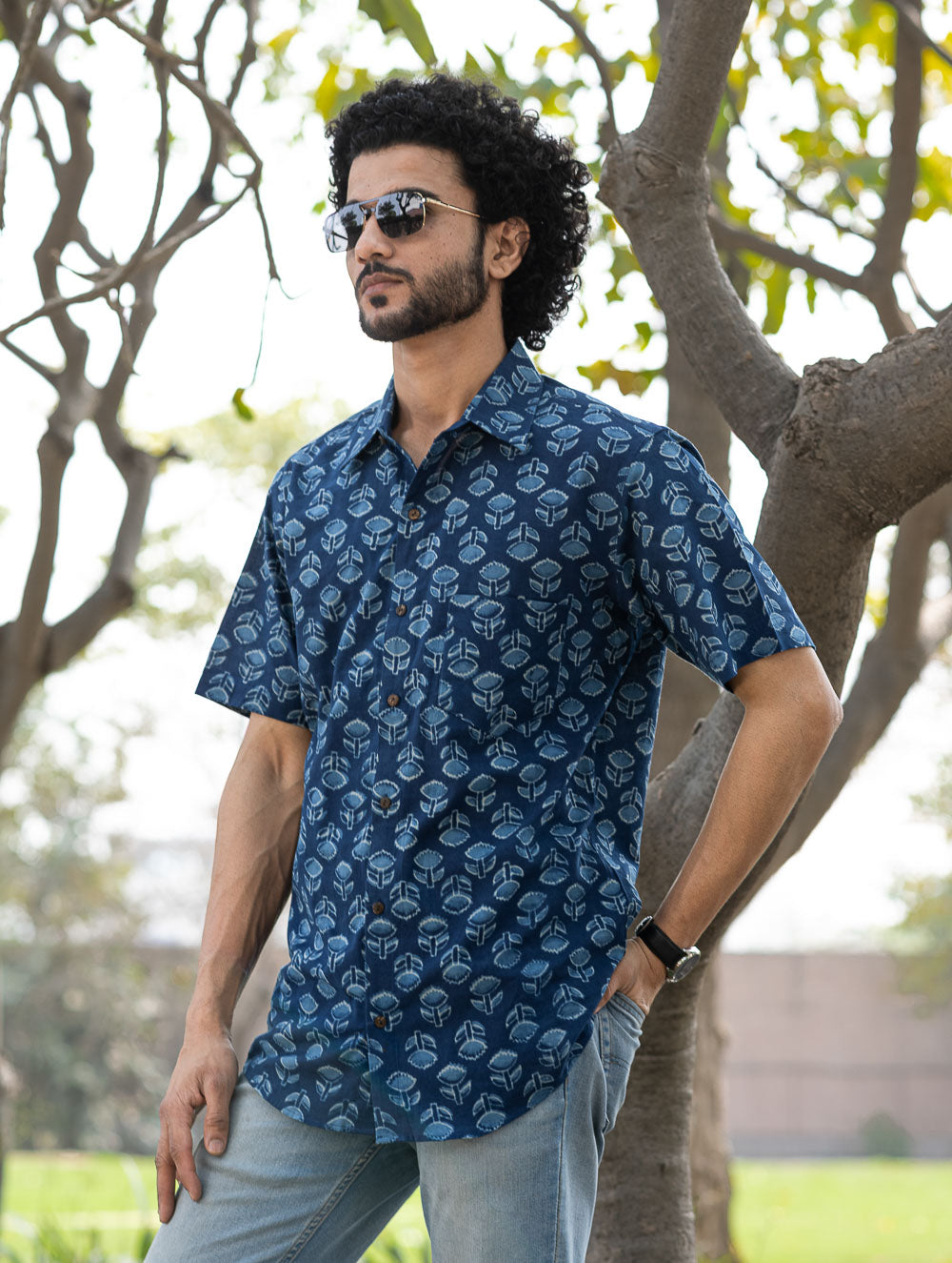 Dabu Hand Block Printed Cotton Shirt - Indigo Florets