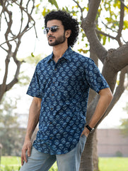 Dabu Hand Block Printed Cotton Shirt - Indigo Florets
