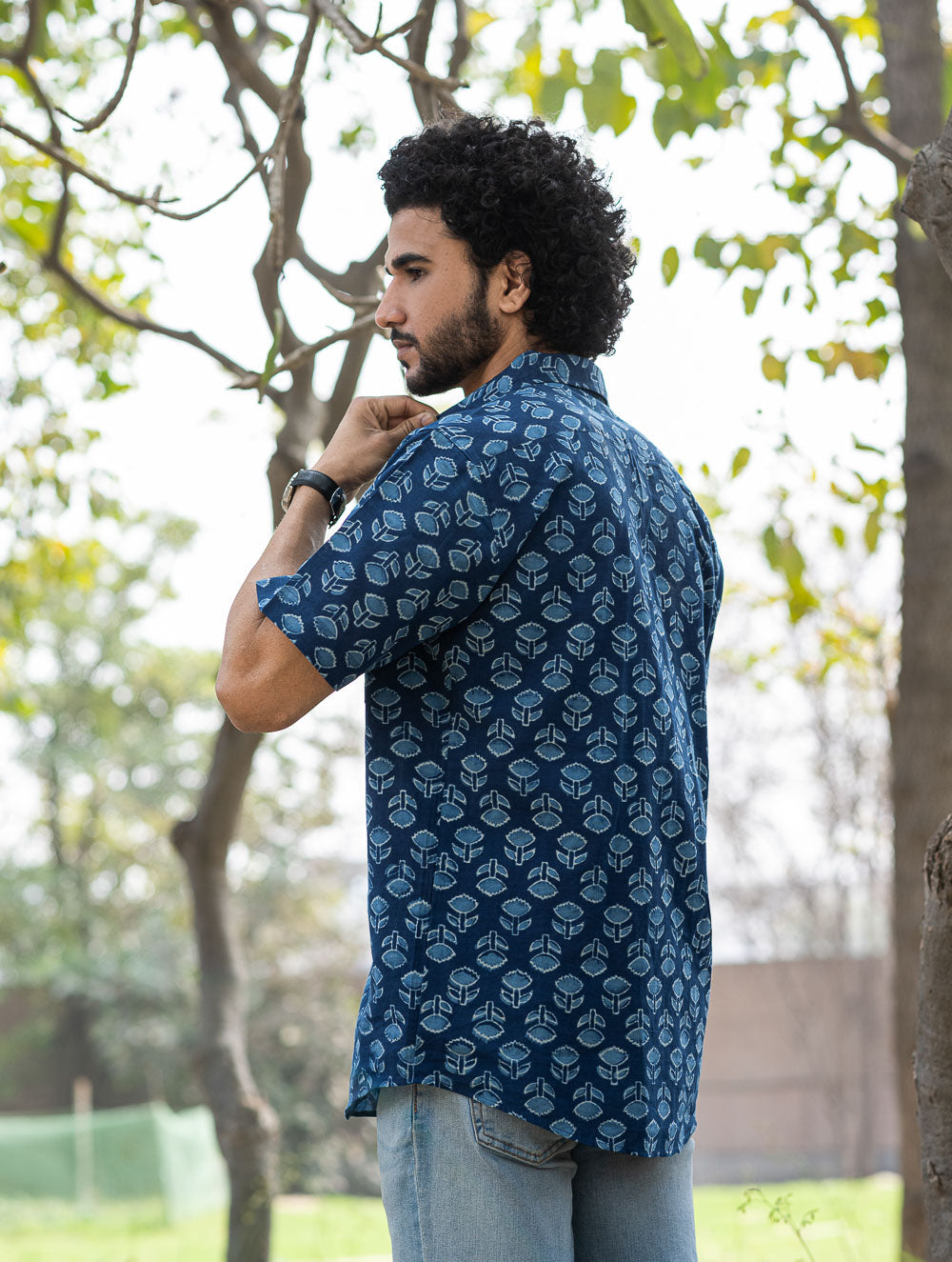Dabu Hand Block Printed Cotton Shirt - Indigo Florets