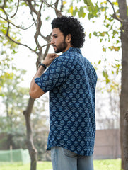 Dabu Hand Block Printed Cotton Shirt - Indigo Florets