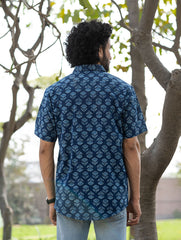 Dabu Hand Block Printed Cotton Shirt - Indigo Florets