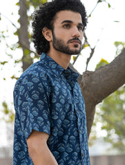 Dabu Hand Block Printed Cotton Shirt - Indigo Florets