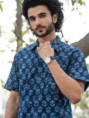 Dabu Hand Block Printed Cotton Shirt - Indigo Florets