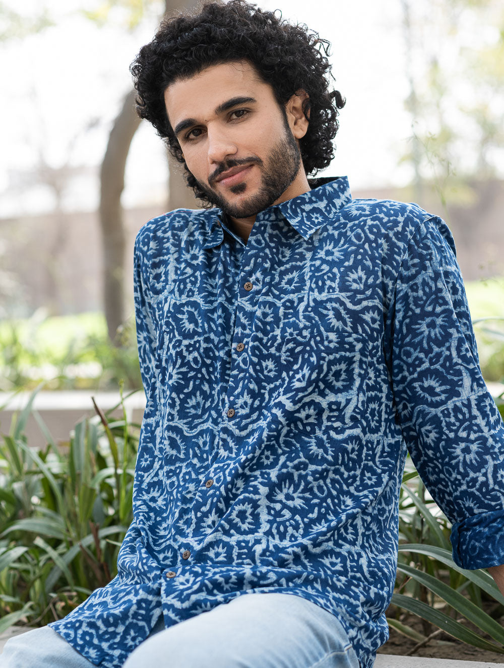 Dabu Hand Block Printed Cotton Shirt - Indigo Jaal