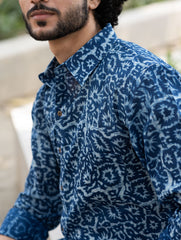 Dabu Hand Block Printed Cotton Shirt - Indigo Jaal