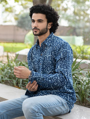 Dabu Hand Block Printed Cotton Shirt - Indigo Jaal