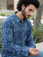Dabu Hand Block Printed Cotton Shirt - Indigo Jaal
