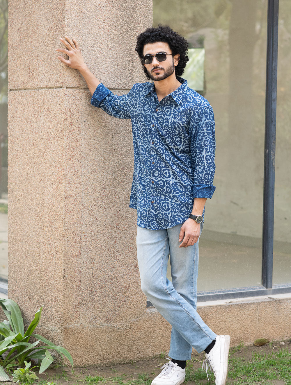 Dabu Hand Block Printed Cotton Shirt - Indigo Jaal