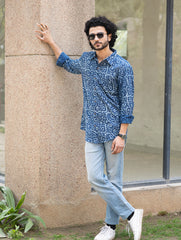 Dabu Hand Block Printed Cotton Shirt - Indigo Jaal