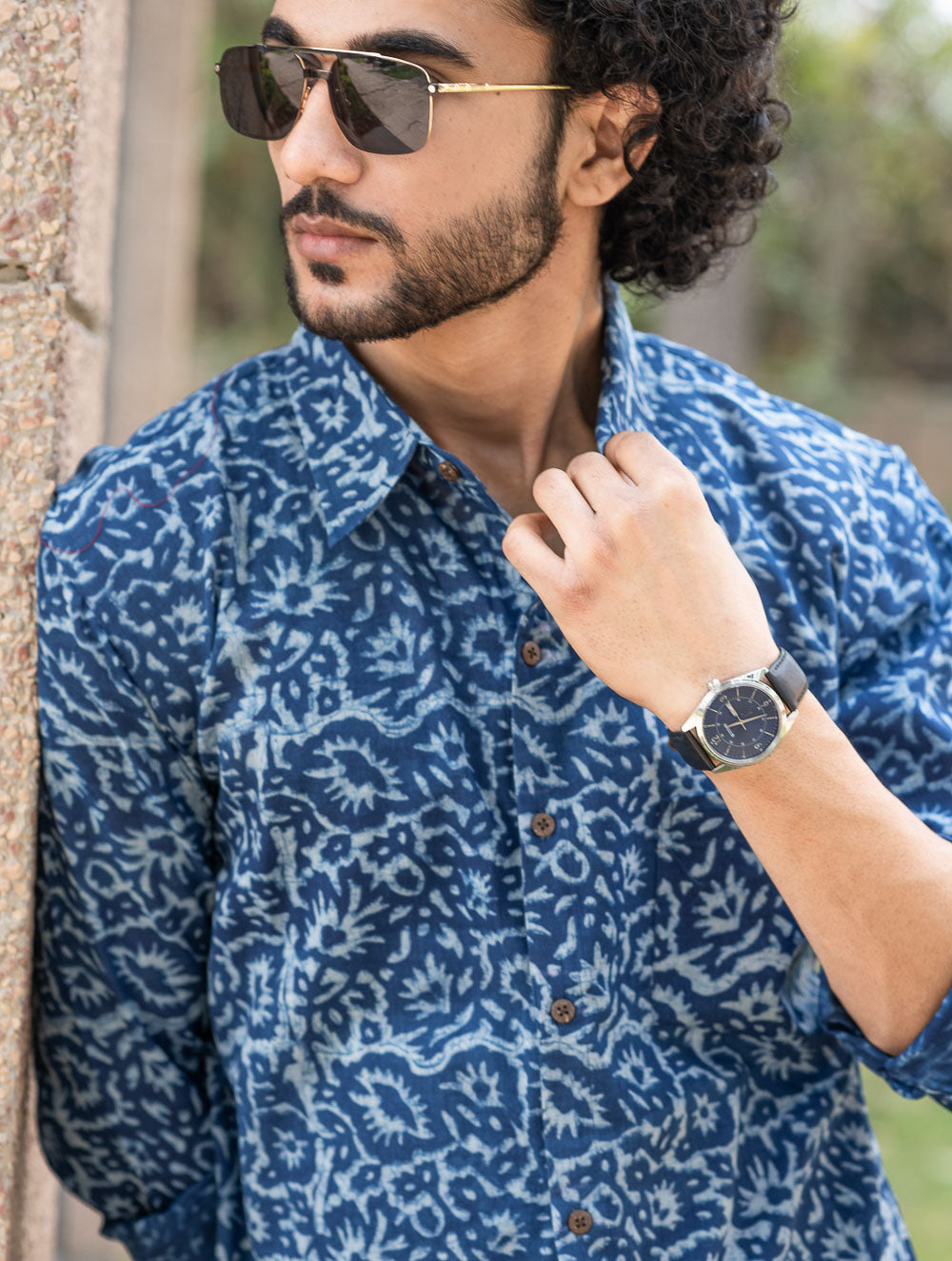 Dabu Hand Block Printed Cotton Shirt - Indigo Jaal