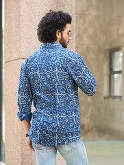Dabu Hand Block Printed Cotton Shirt - Indigo Jaal
