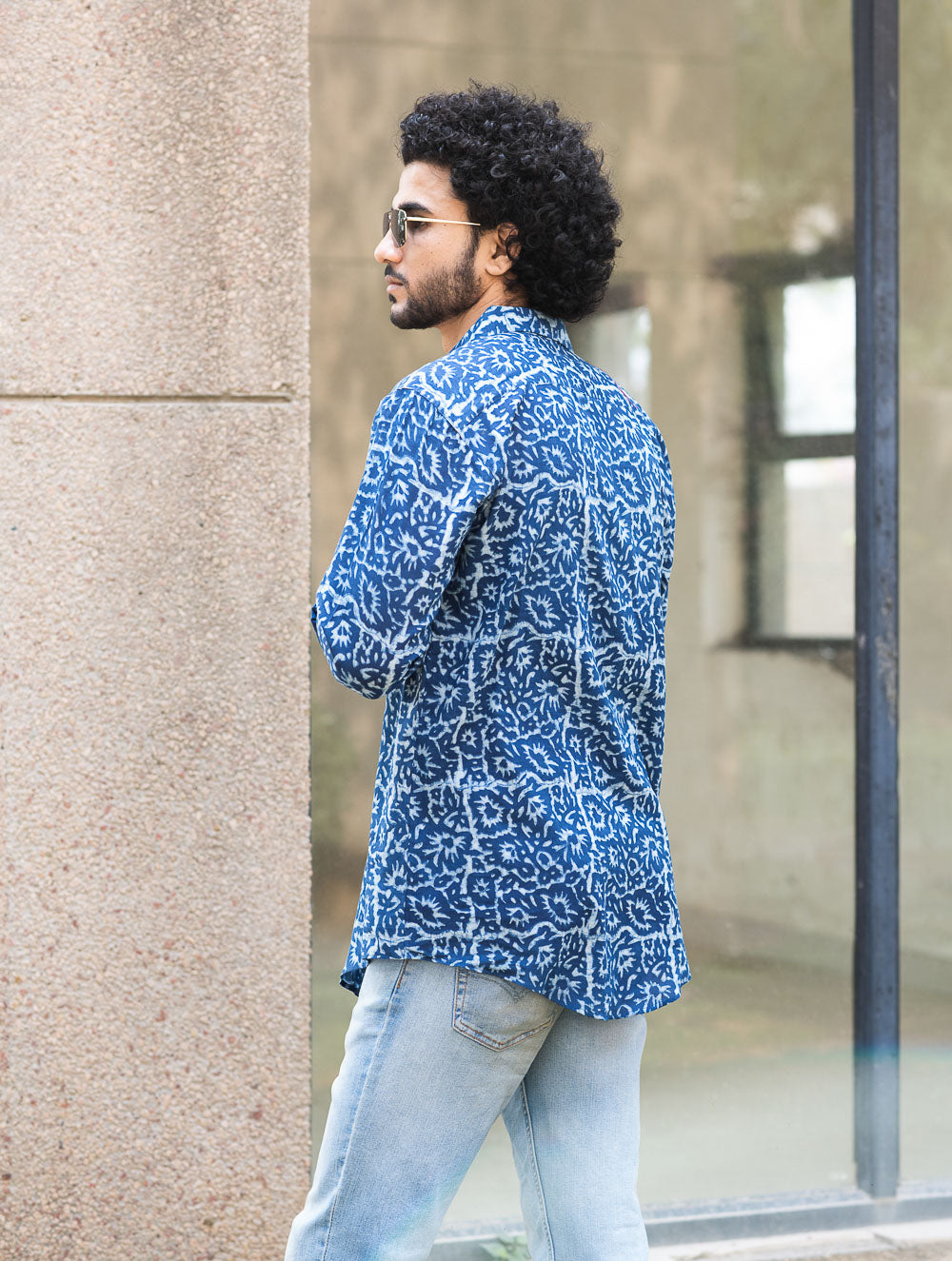 Dabu Hand Block Printed Cotton Shirt - Indigo Jaal