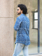 Dabu Hand Block Printed Cotton Shirt - Indigo Jaal