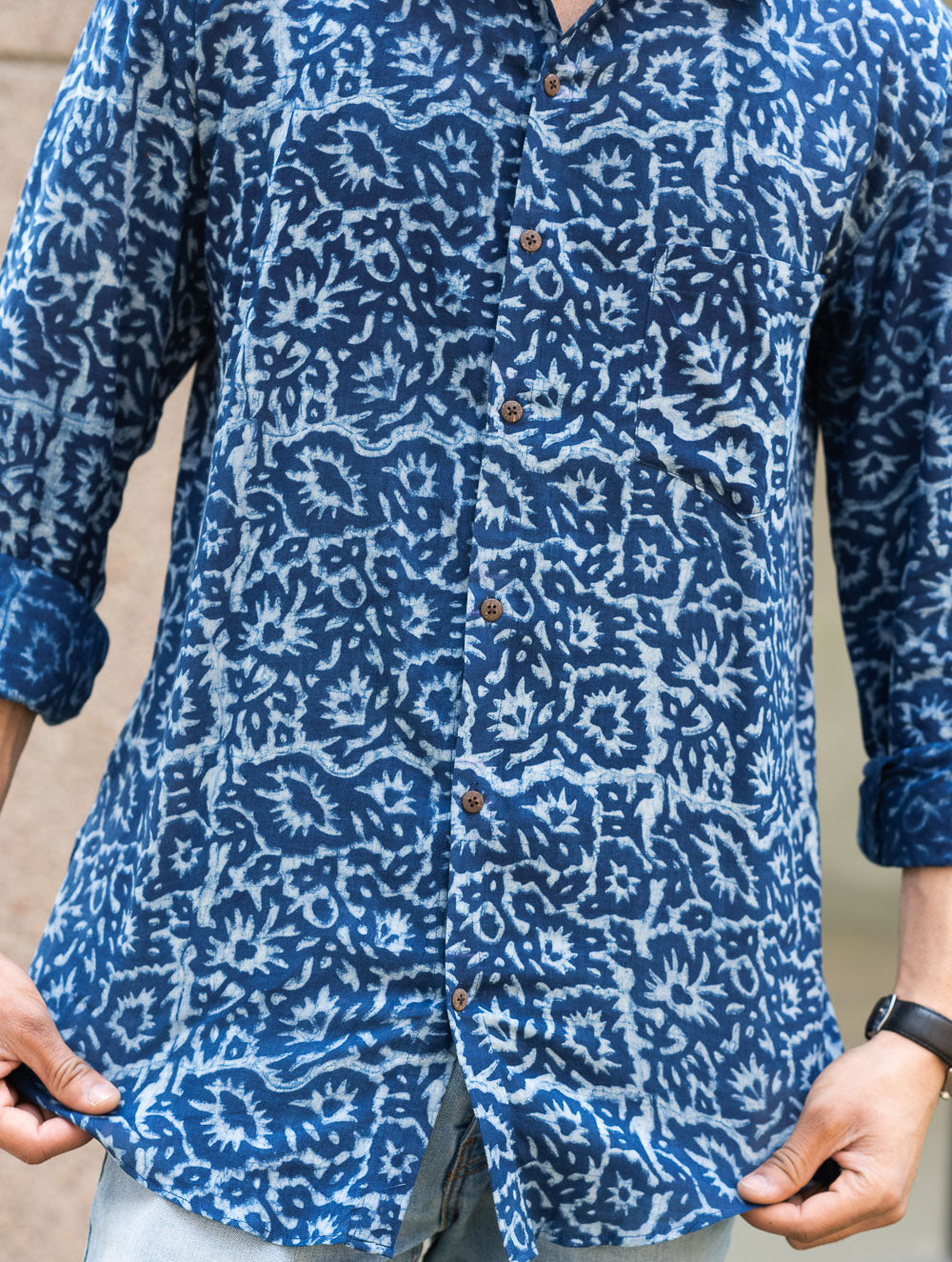 Dabu Hand Block Printed Cotton Shirt - Indigo Jaal