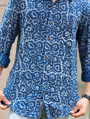 Dabu Hand Block Printed Cotton Shirt - Indigo Jaal