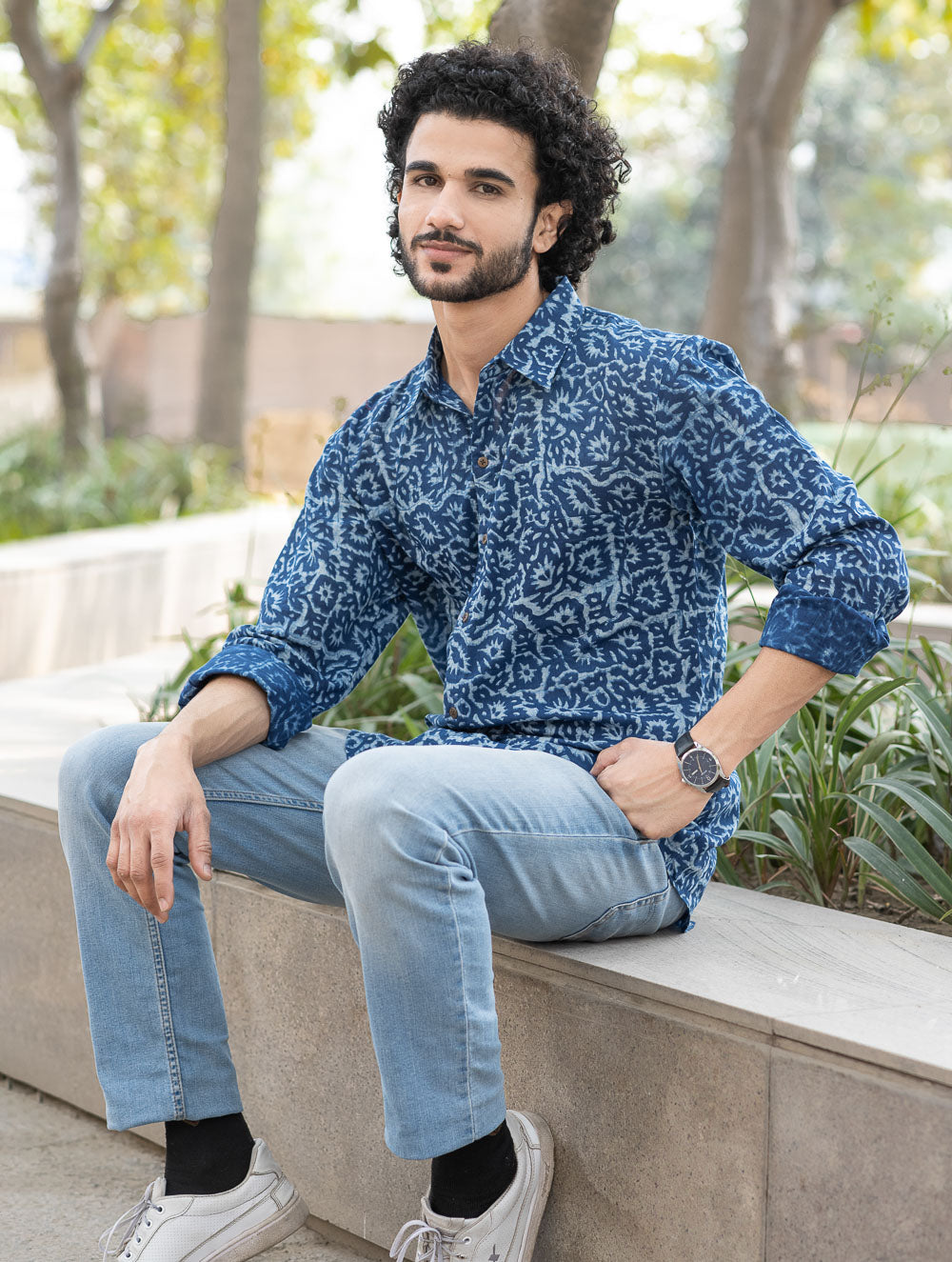 Dabu Hand Block Printed Cotton Shirt - Indigo Jaal