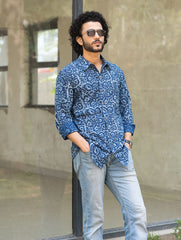 Dabu Hand Block Printed Cotton Shirt - Indigo Jaal