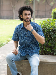 Dabu Hand Block Printed Cotton Shirt - Indigo Vines