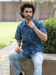 Dabu Hand Block Printed Cotton Shirt - Indigo Vines