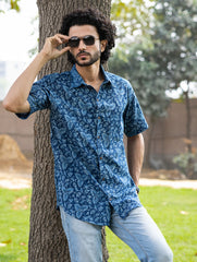 Dabu Hand Block Printed Cotton Shirt - Indigo Vines