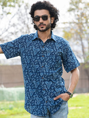 Dabu Hand Block Printed Cotton Shirt - Indigo Vines
