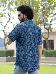 Dabu Hand Block Printed Cotton Shirt - Indigo Vines