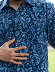 Dabu Hand Block Printed Cotton Shirt - Indigo Vines