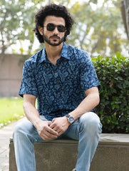 Dabu Hand Block Printed Cotton Shirt - Indigo Vines